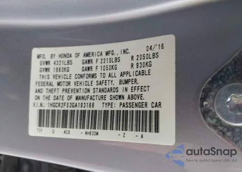 2016 Honda Accord Sport z USA, uszkodzony, nr VIN 1HGCR2F53GA193168